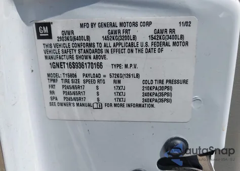 2003 Chevrolet Trailblazer Ext Lt из США, поврежденный, VIN 1GNET16S936170166